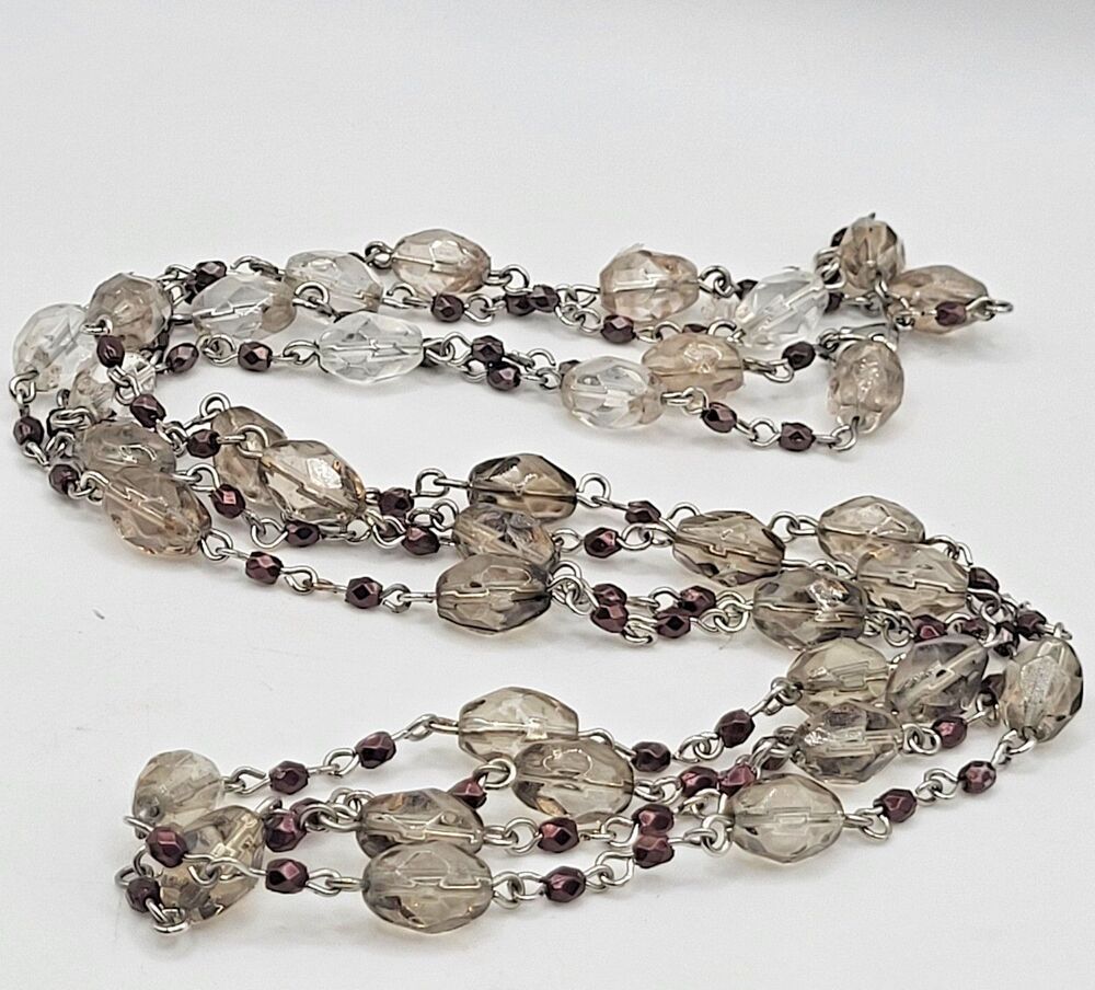 Vintage MultiStrand Smoky Gray Glass Bead Necklace Faceted Silver Tone Chain 26"